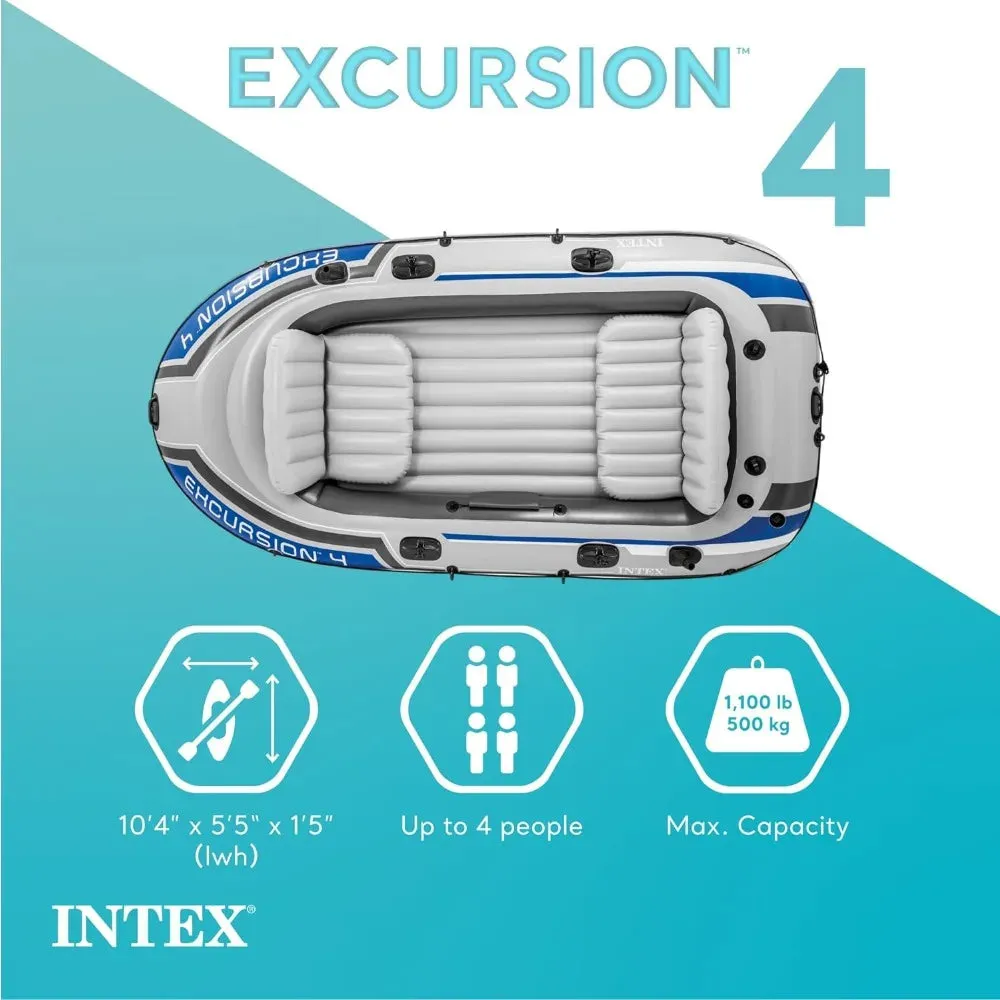Excursion Inflatable 4 Person Boat with Deluxe Oars & High-Output Pump