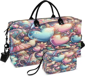 Exnundod Colored Magical Heart Mushroom Travel Duffel Bags for Women Sports Gym Bag Weekender Carry On Tote Overnight Luggage Duffle Bags