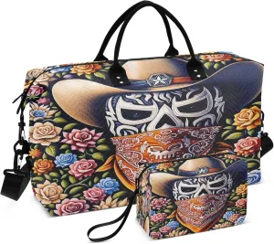 Exnundod Cowboy Luchador Mask Travel Duffel Bags for Women Floral Artistic Sports Gym Bag Weekender Carry On Tote Overnight Luggage Duffle Bags