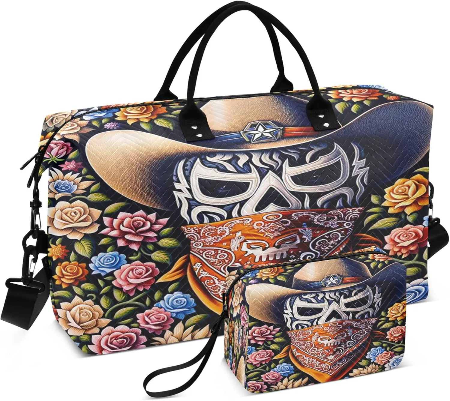 Exnundod Cowboy Luchador Mask Travel Duffel Bags for Women Floral Artistic Sports Gym Bag Weekender Carry On Tote Overnight Luggage Duffle Bags