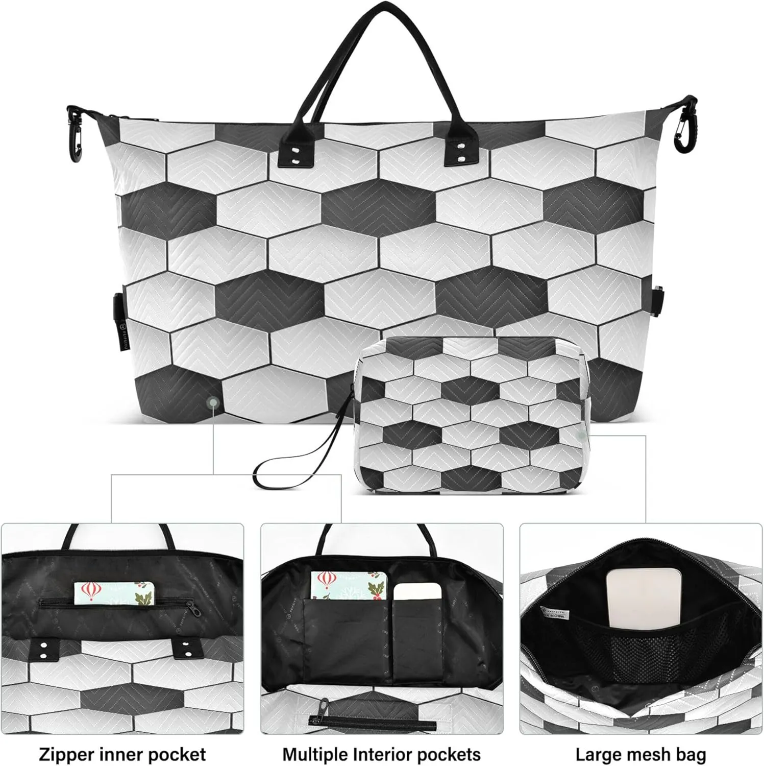 Exnundod Women Weekender Bags Seamless Hexagons Pattern Travel Duffel Bags Carry On Overnight Bag Soccer Themed Large Hospital Tote Luggage