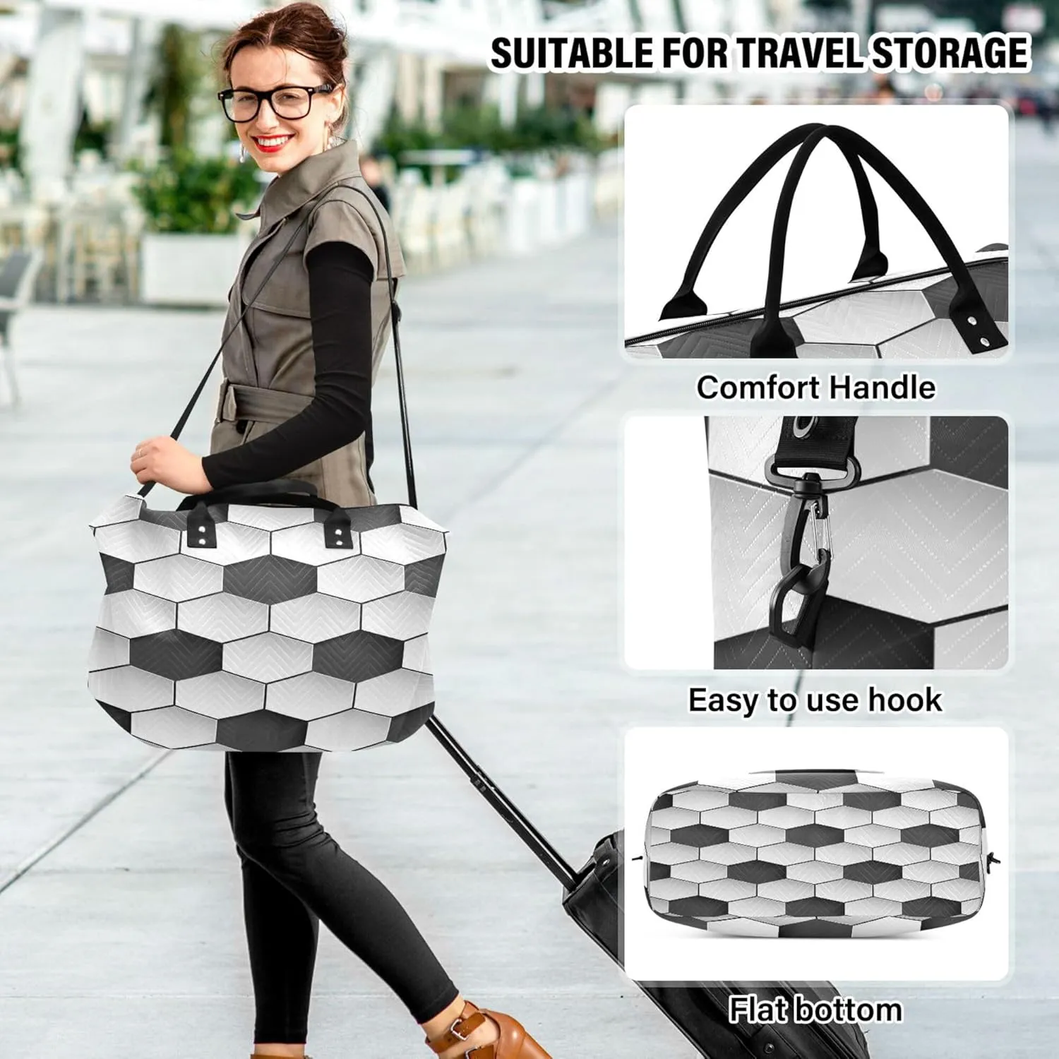 Exnundod Women Weekender Bags Seamless Hexagons Pattern Travel Duffel Bags Carry On Overnight Bag Soccer Themed Large Hospital Tote Luggage