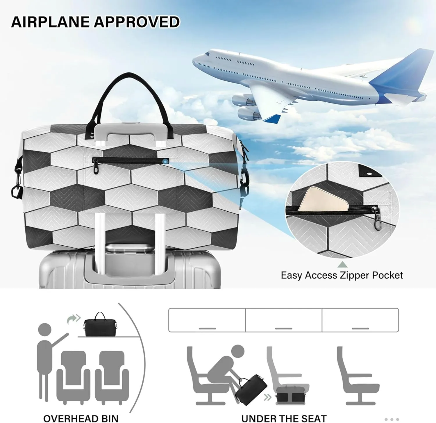 Exnundod Women Weekender Bags Seamless Hexagons Pattern Travel Duffel Bags Carry On Overnight Bag Soccer Themed Large Hospital Tote Luggage