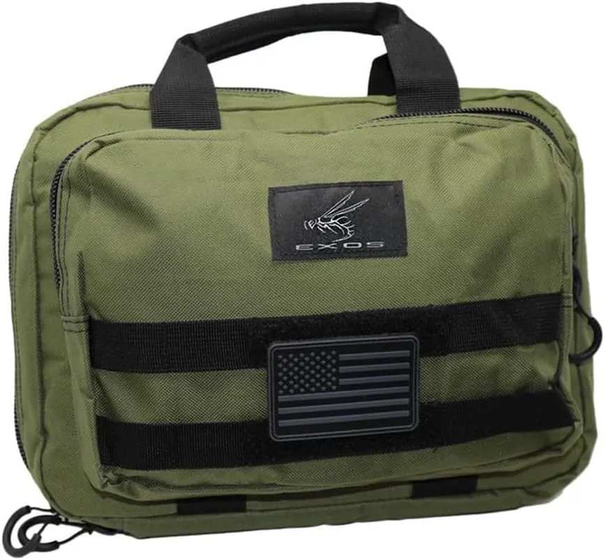Exos Double Pistol Case - Tactical Soft Pistol Case - Double Pistol Carrying Case w/Compartments - Hand Gun Case for Multiple Pistols w/MOLLE Webbing, Padded Interior - w/USA Flag Patch