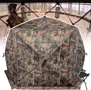 Extra Large Hunting Blind 4 Person with Portable Hunting Chair, 288/360 Degree See Through Pop up Ground Blinds for Deer Turkey Duck Hunting, Bow Hunting Adjust Windows with Silent Zipper