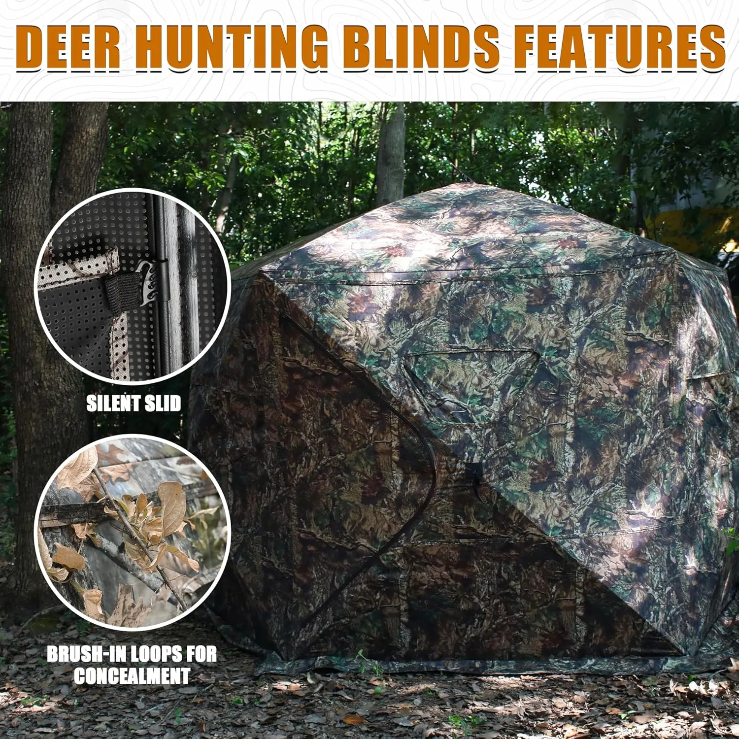 Extra Large Hunting Blind 4 Person with Portable Hunting Chair, 288/360 Degree See Through Pop up Ground Blinds for Deer Turkey Duck Hunting, Bow Hunting Adjust Windows with Silent Zipper