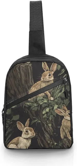Fall Hunt Rabbits on Tree Stumps Chest Bag Foldable Crossbody Unisex Pack Travel Hiking Adjustable Shoulder Straps Sling Bags