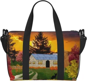 Fall Village Scenery Travel Bag Weekender Bags for Women Men Carry on Overnight Bag Tote Bag Yoga Gym Bag With Adjustable Straps for Gym, Work, Personal Items