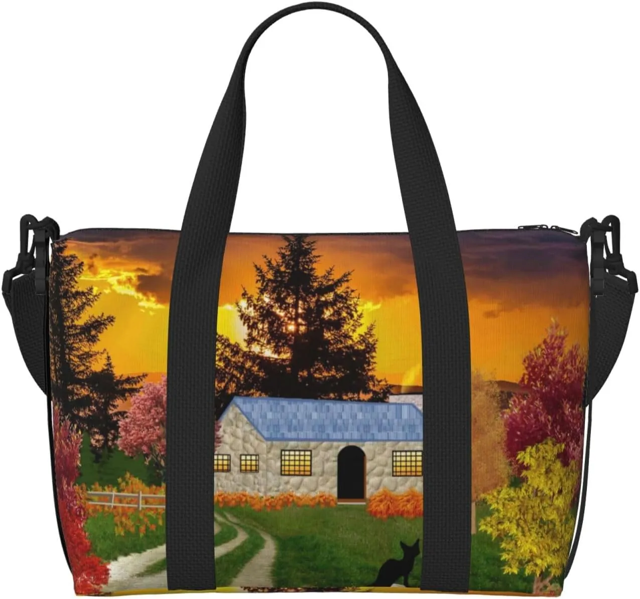 Fall Village Scenery Travel Bag Weekender Bags for Women Men Carry on Overnight Bag Tote Bag Yoga Gym Bag With Adjustable Straps for Gym, Work, Personal Items