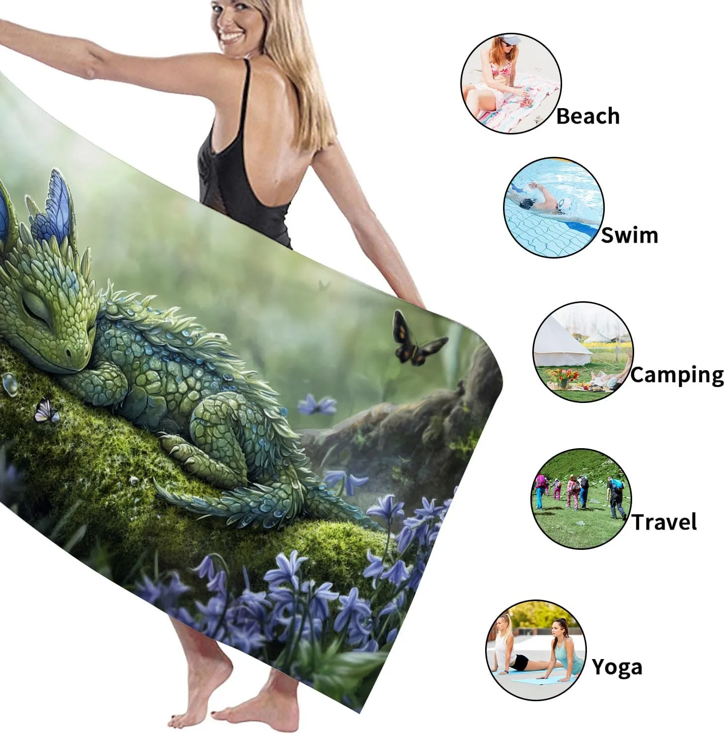 Fantasy Creature Microfiber Beach Towel Green Dragon Design Quick Dry Absorbent Soft Sand Free Oversized Lightweight Blanket Vacation Picnic Essentials 62x31 Inch