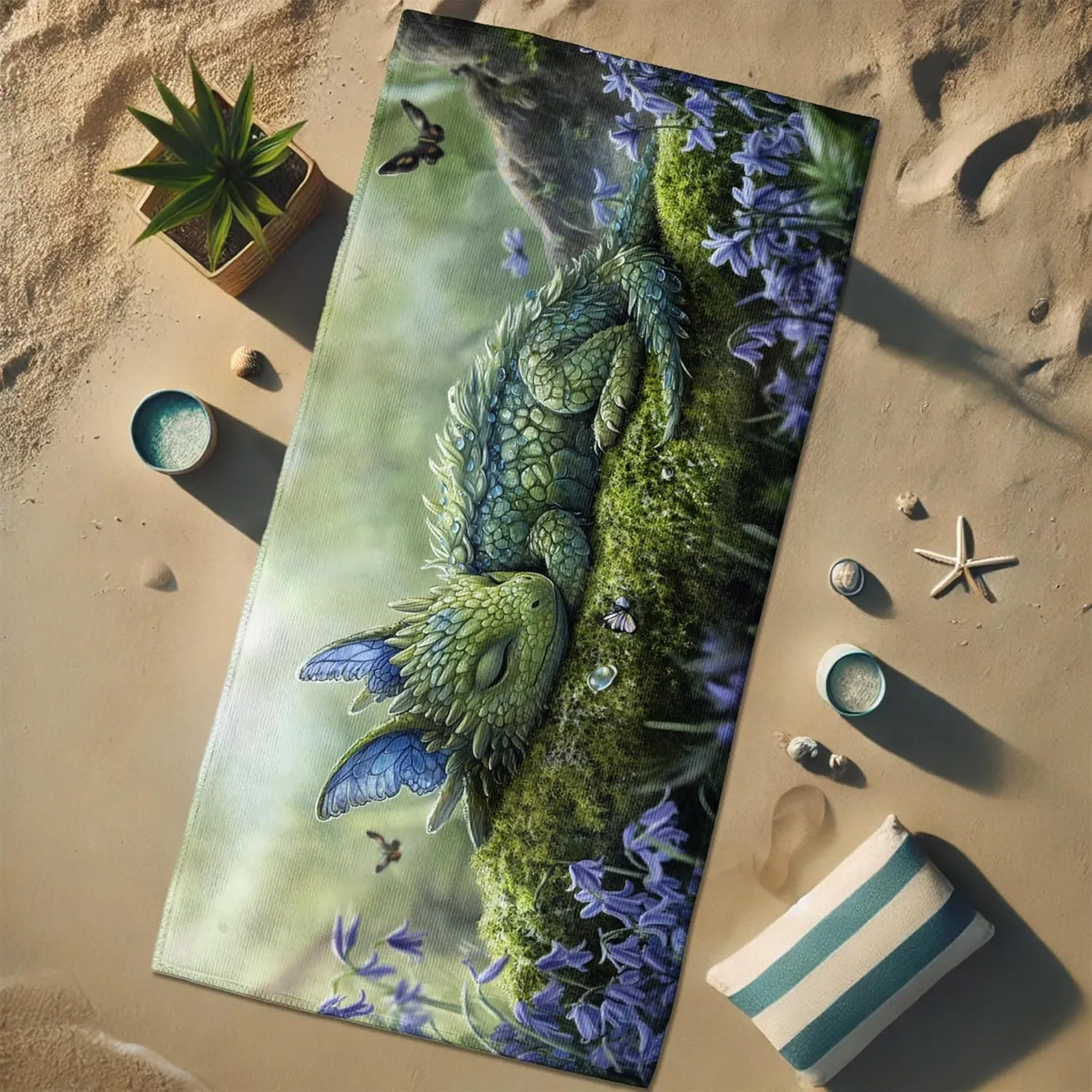 Fantasy Creature Microfiber Beach Towel Green Dragon Design Quick Dry Absorbent Soft Sand Free Oversized Lightweight Blanket Vacation Picnic Essentials 62x31 Inch