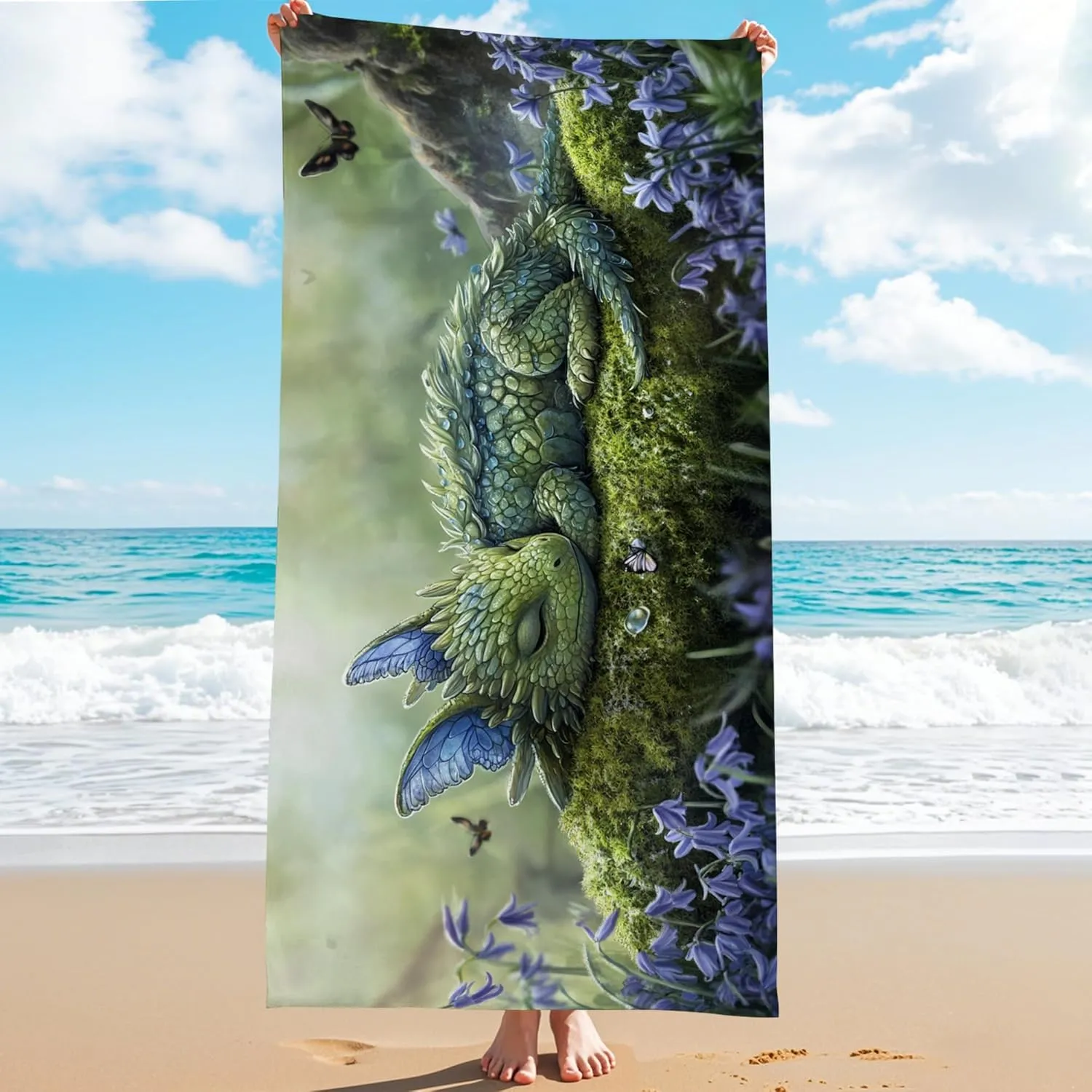 Fantasy Creature Microfiber Beach Towel Green Dragon Design Quick Dry Absorbent Soft Sand Free Oversized Lightweight Blanket Vacation Picnic Essentials 62x31 Inch