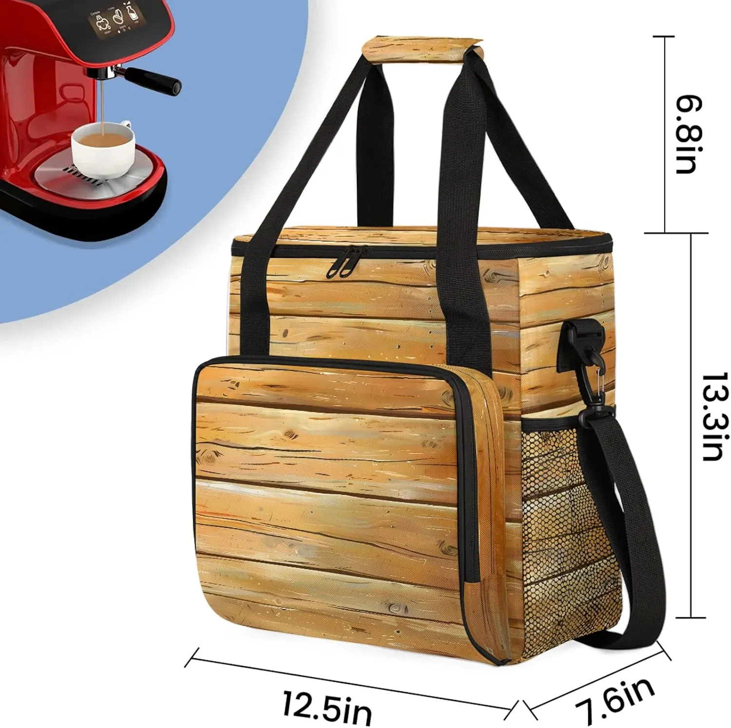 Farmhouse Country Wood Coffee Maker Carring Bag, Large Insulated Storage Organizer Case Tote Bags with Shoulder Strap for Travel Work Picnic