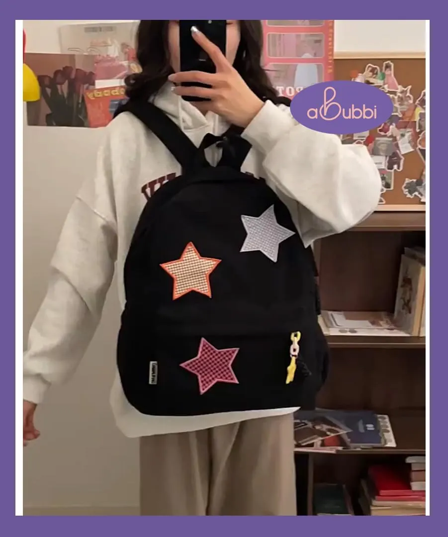Fashion Backpacks with Star Decorations High Saturation Colors Large Capacity and Velvet Material Shoulder Bag (Black)