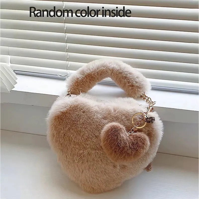 Faux Fur Heart-Shaped Women Small Handbags Fluffy Plush Ladies Chain Shoulder Bag Fashion Female Furry Daily Clutch Purse