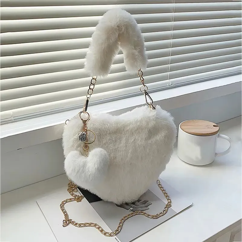 Faux Fur Heart-Shaped Women Small Handbags Fluffy Plush Ladies Chain Shoulder Bag Fashion Female Furry Daily Clutch Purse