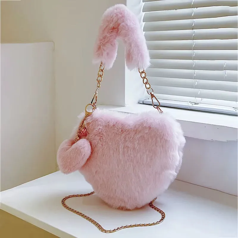 Faux Fur Heart-Shaped Women Small Handbags Fluffy Plush Ladies Chain Shoulder Bag Fashion Female Furry Daily Clutch Purse