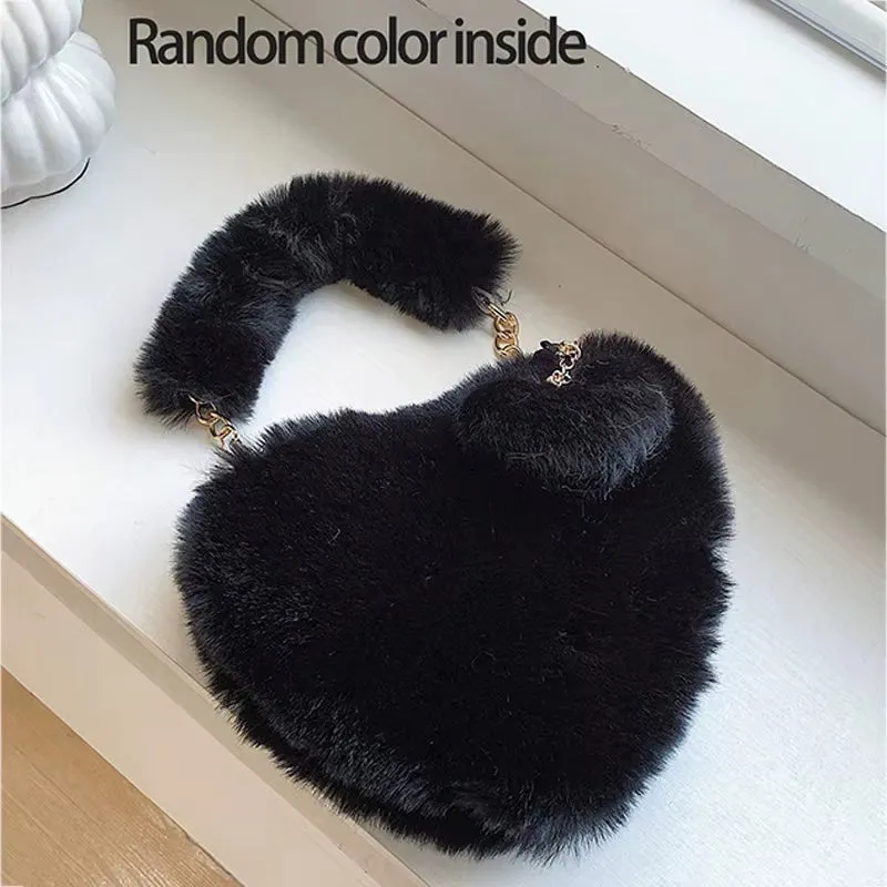 Faux Fur Heart-Shaped Women Small Handbags Fluffy Plush Ladies Chain Shoulder Bag Fashion Female Furry Daily Clutch Purse