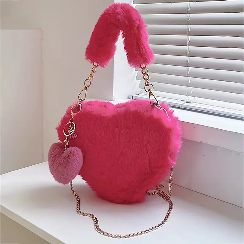 Faux Fur Heart-Shaped Women Small Handbags Fluffy Plush Ladies Chain Shoulder Bag Fashion Female Furry Daily Clutch Purse