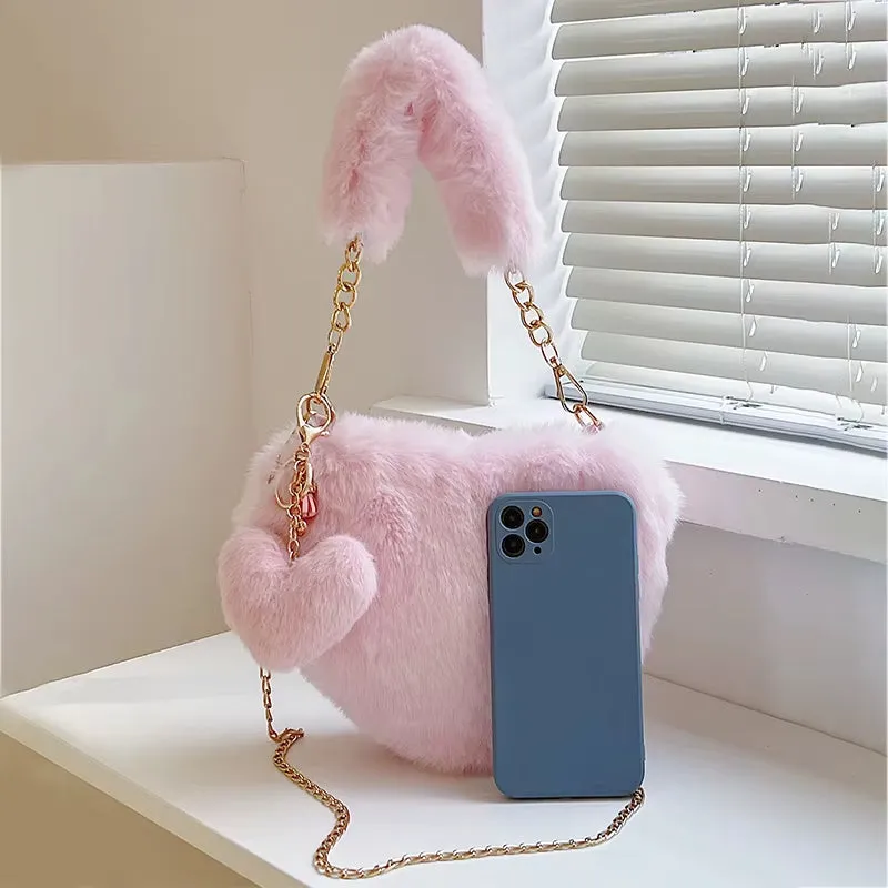 Faux Fur Heart-Shaped Women Small Handbags Fluffy Plush Ladies Chain Shoulder Bag Fashion Female Furry Daily Clutch Purse