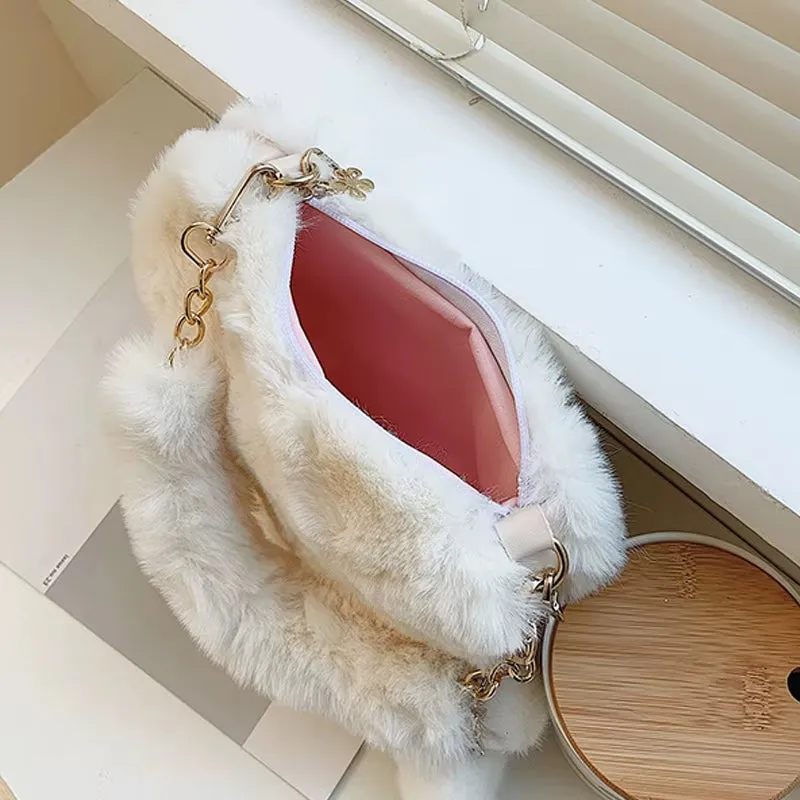 Faux Fur Heart-Shaped Women Small Handbags Fluffy Plush Ladies Chain Shoulder Bag Fashion Female Furry Daily Clutch Purse