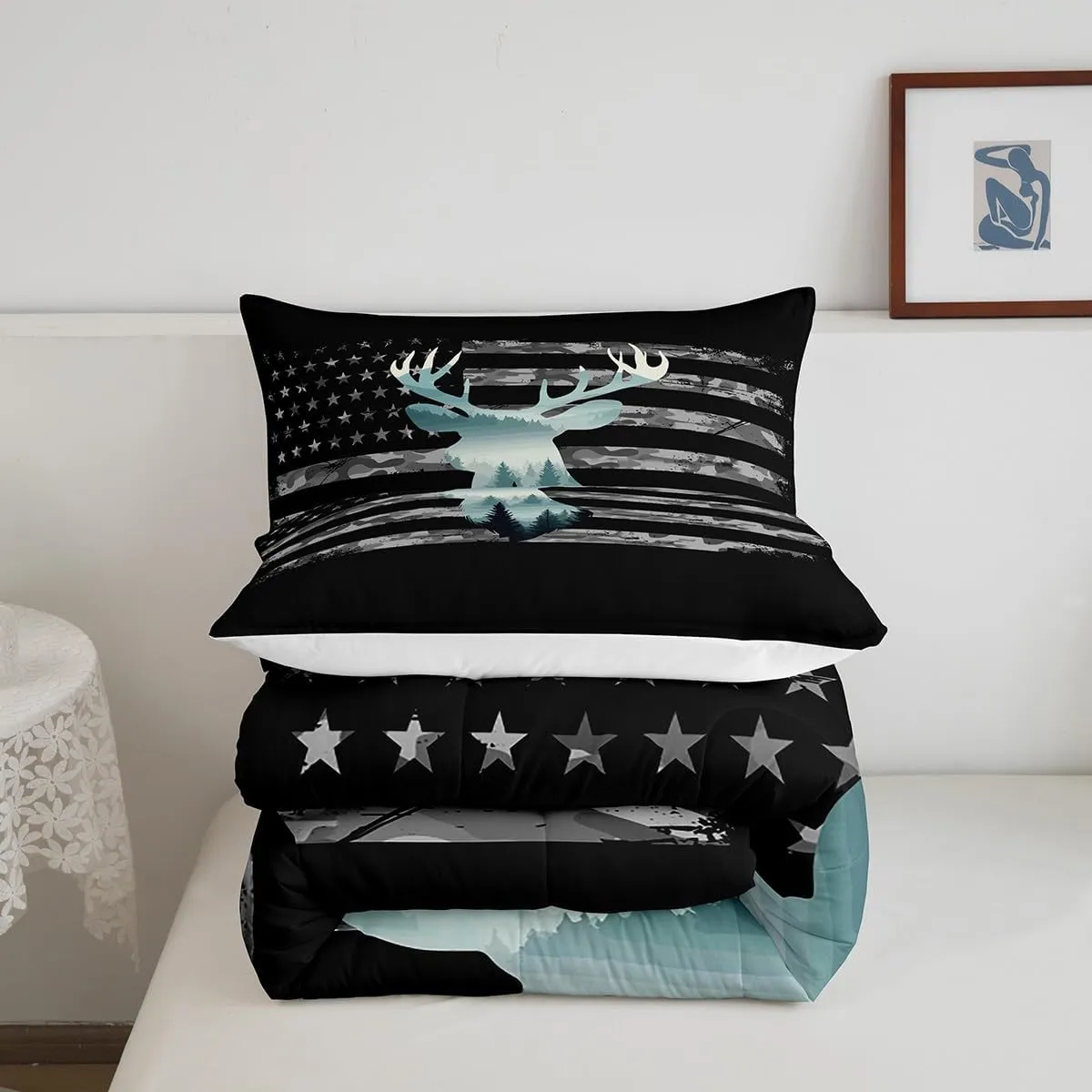 Feelyou Toddler Camo Hunting Bedding Set - Forest Smoky Deer Duvet Set with American Flag & 1 Pillow Case