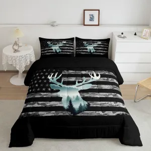 Feelyou Toddler Camo Hunting Bedding Set - Forest Smoky Deer Duvet Set with American Flag & 1 Pillow Case
