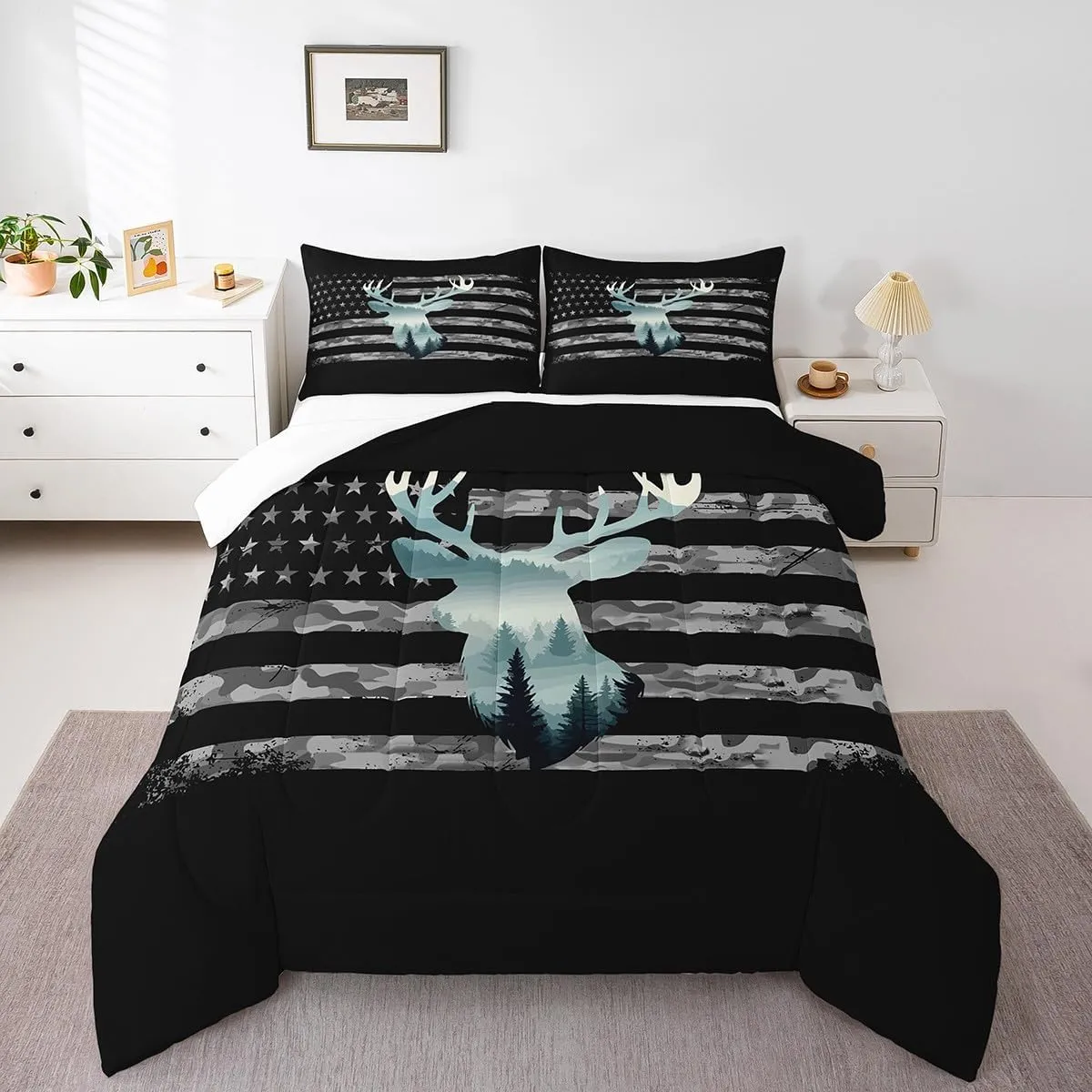Feelyou Toddler Camo Hunting Bedding Set - Forest Smoky Deer Duvet Set with American Flag & 1 Pillow Case