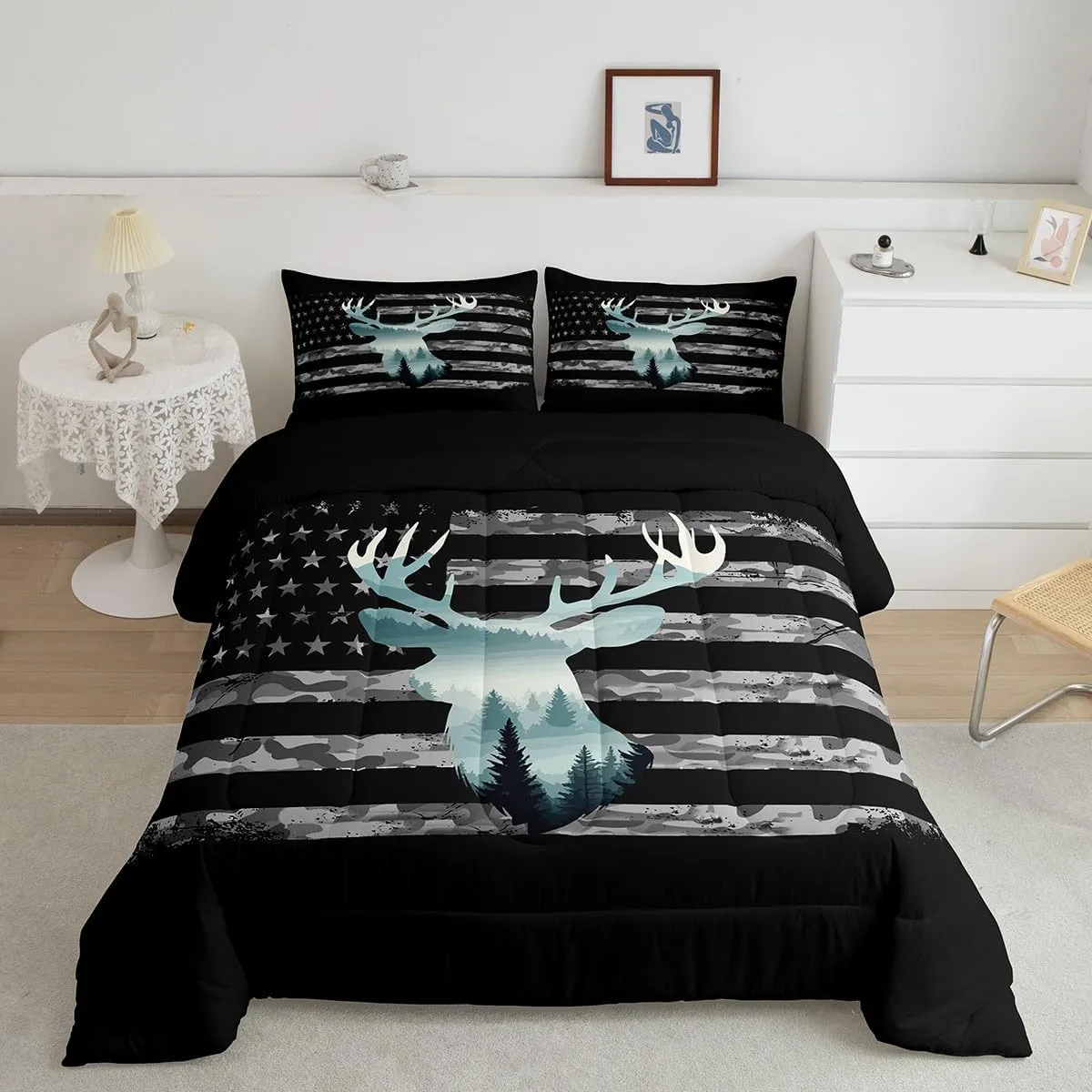 Feelyou Toddler Camo Hunting Bedding Set - Forest Smoky Deer Duvet Set with American Flag & 1 Pillow Case