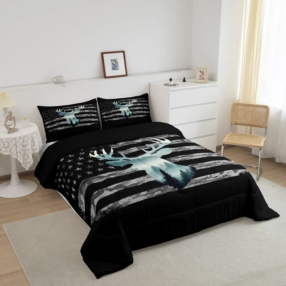 Feelyou Toddler Camo Hunting Bedding Set - Forest Smoky Deer Duvet Set with American Flag & 1 Pillow Case