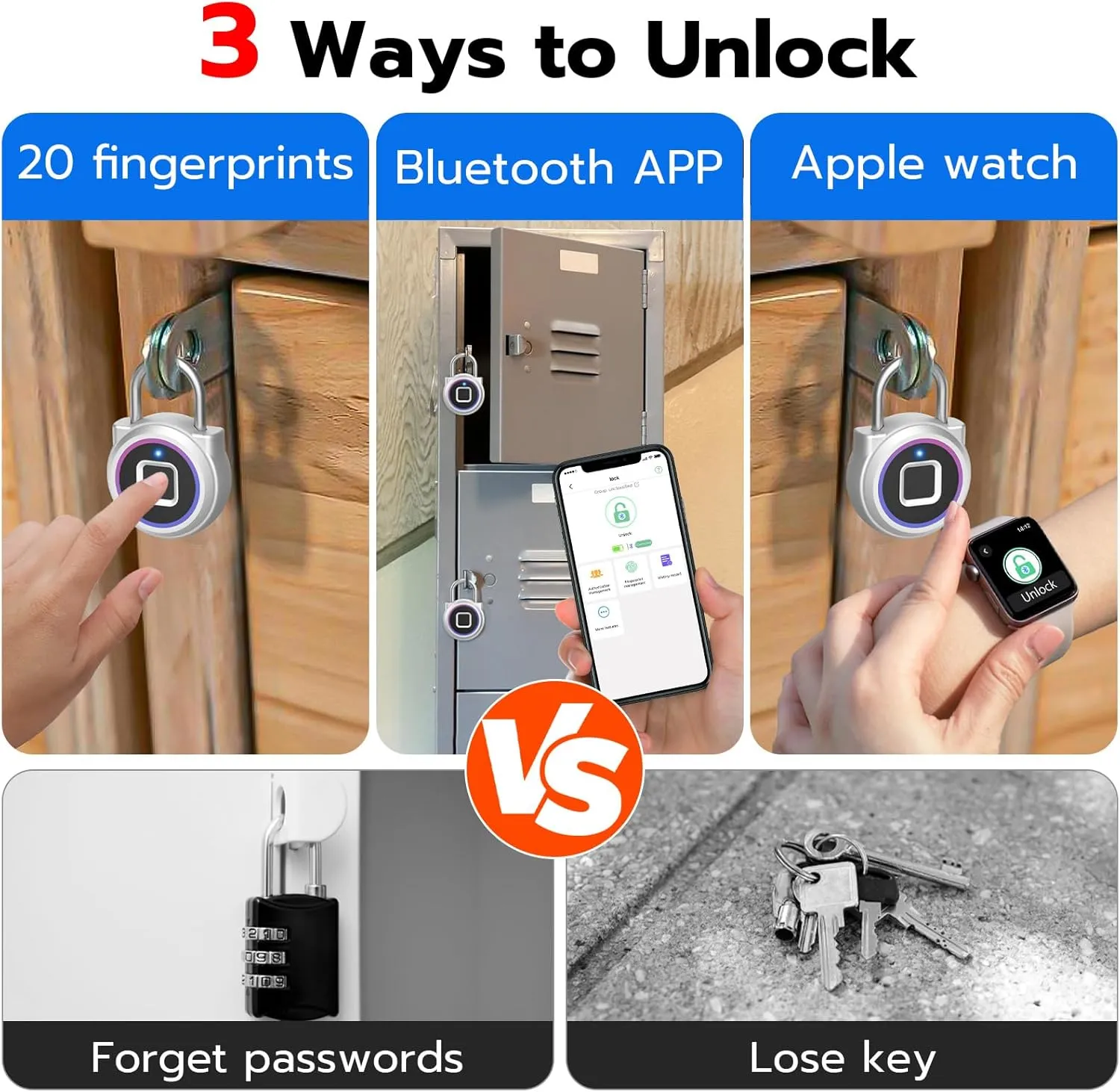 Fingerprint Padlock - Gym Locker with Bluetooth APP for iOS Watch, Smart Keyless Biometric Padlock, Waterproof for Gym, School, Luggage, Bags & Storage
