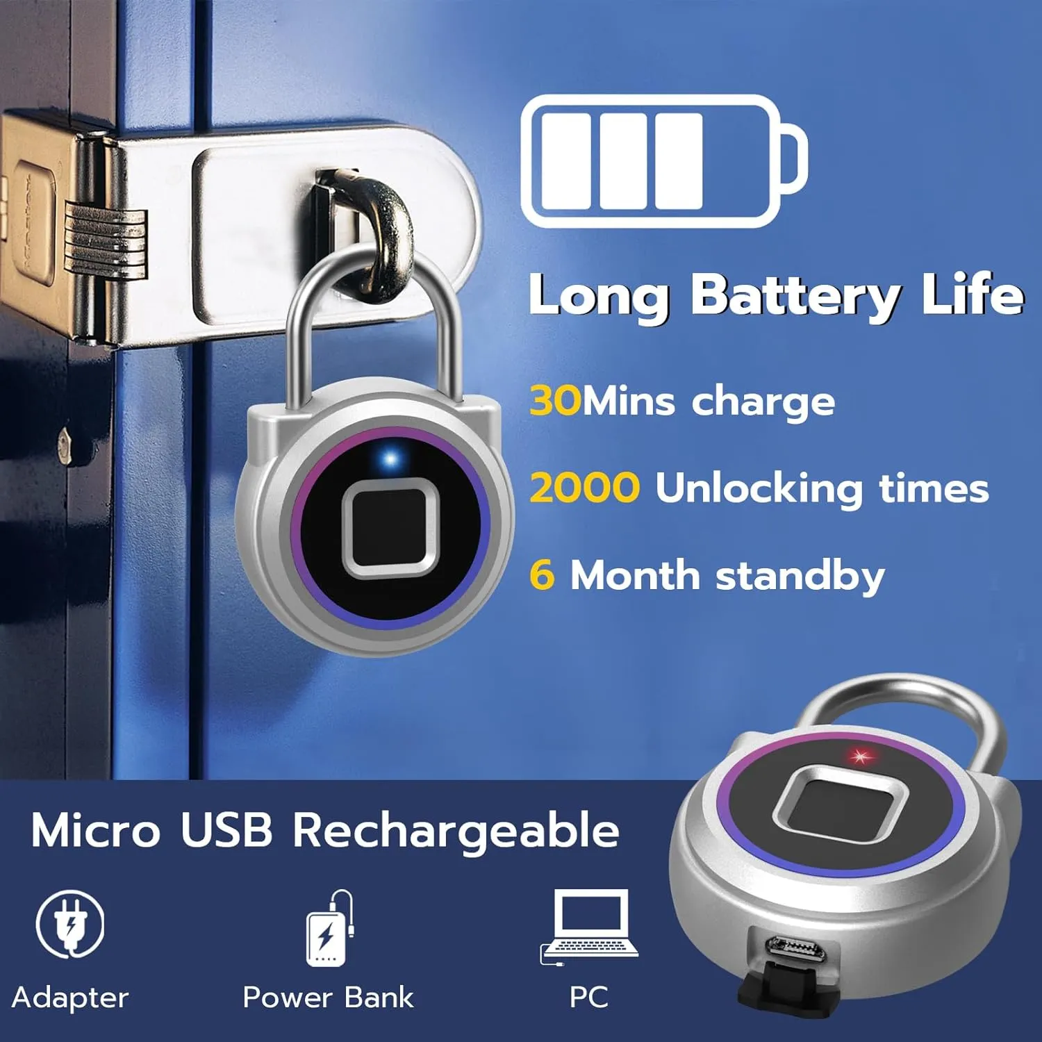 Fingerprint Padlock - Gym Locker with Bluetooth APP for iOS Watch, Smart Keyless Biometric Padlock, Waterproof for Gym, School, Luggage, Bags & Storage
