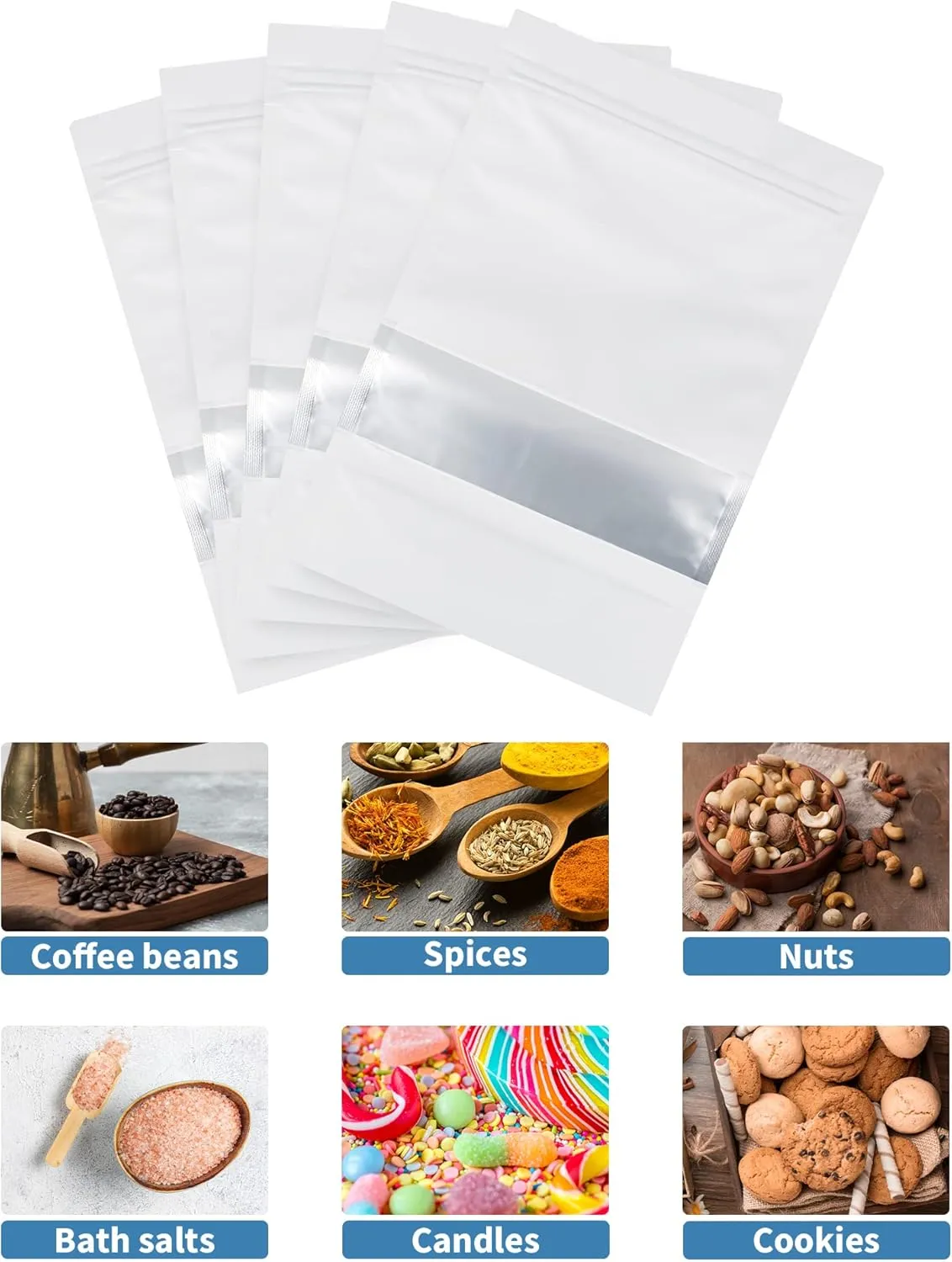 FireKylin 100 Pack Smell Proof Bags 4.7" x 7.9", Resealable Bags with Matte Window, Foil Pouch Stand Up Sealable Bags for Packaging（White）