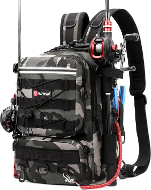 Fishing Backpack With Rod Holder, X-Large Fishing Tackle Storage Bags Fishing Tackle Box Backpack Fishing Tackle Bag(9.84X7.87X17.32inch)