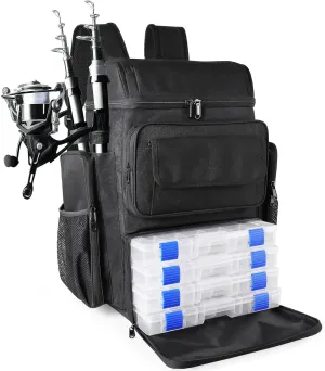 Fishing Tackle Backpack With Rod Holders, 45L Large Tackle Bag & Fishing Tackle Backpack for Fishing, Camping, Hiking,Black