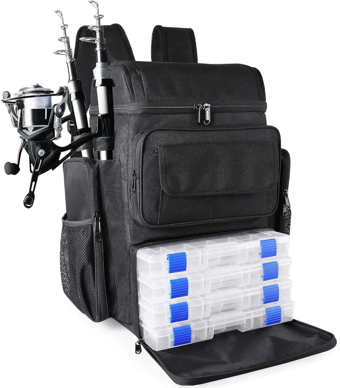 Fishing Tackle Backpack With Rod Holders, 45L Large Tackle Bag & Fishing Tackle Backpack for Fishing, Camping, Hiking,Black