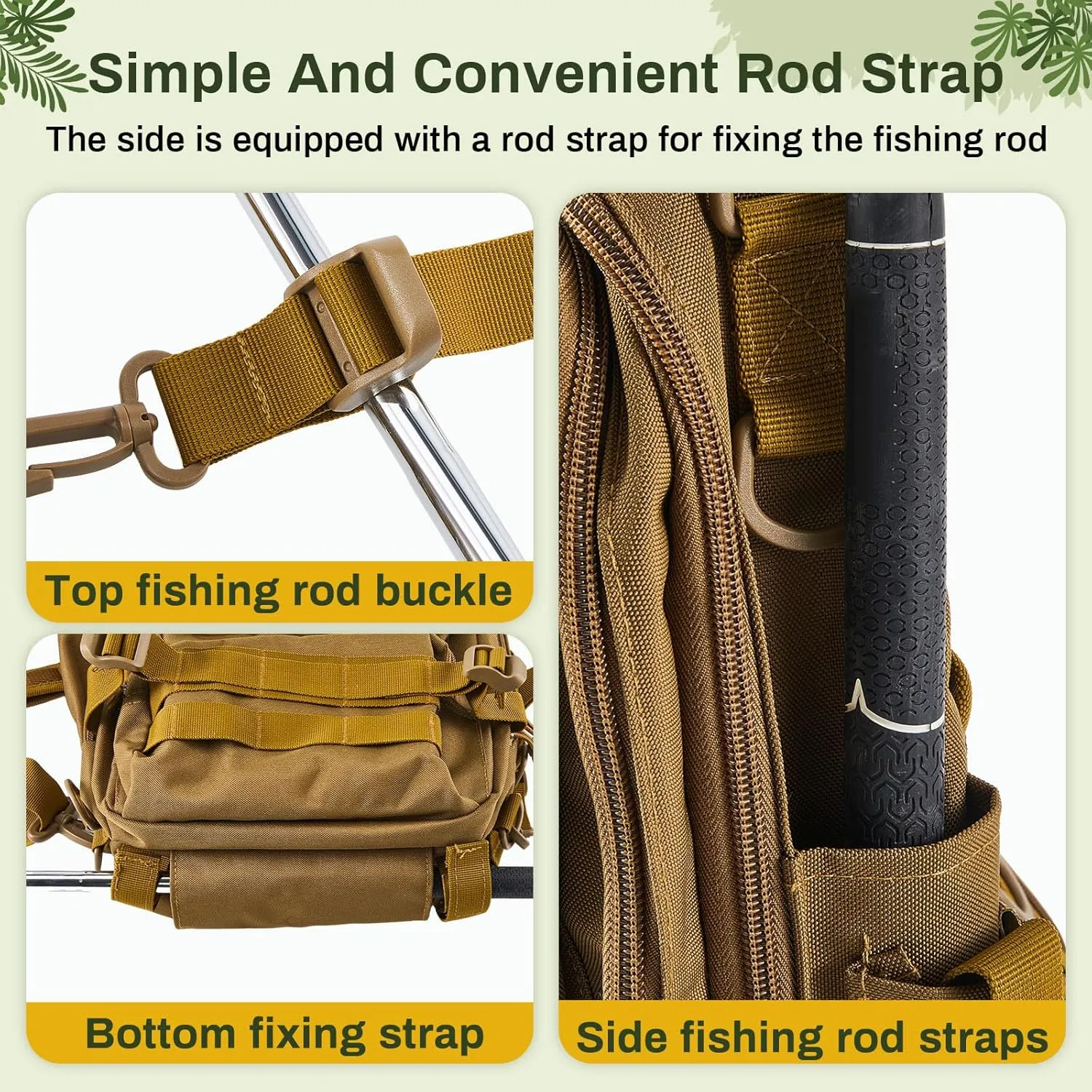 Fishing Tackle Backpack with Rod Holders and 4 Tackle Boxes Large Storage Fishing Bags Water Resistant Tackle Bag for Camping Hiking Travel Gear and Equipment (Khaki,Shoulder, Chest, Hand Bag)