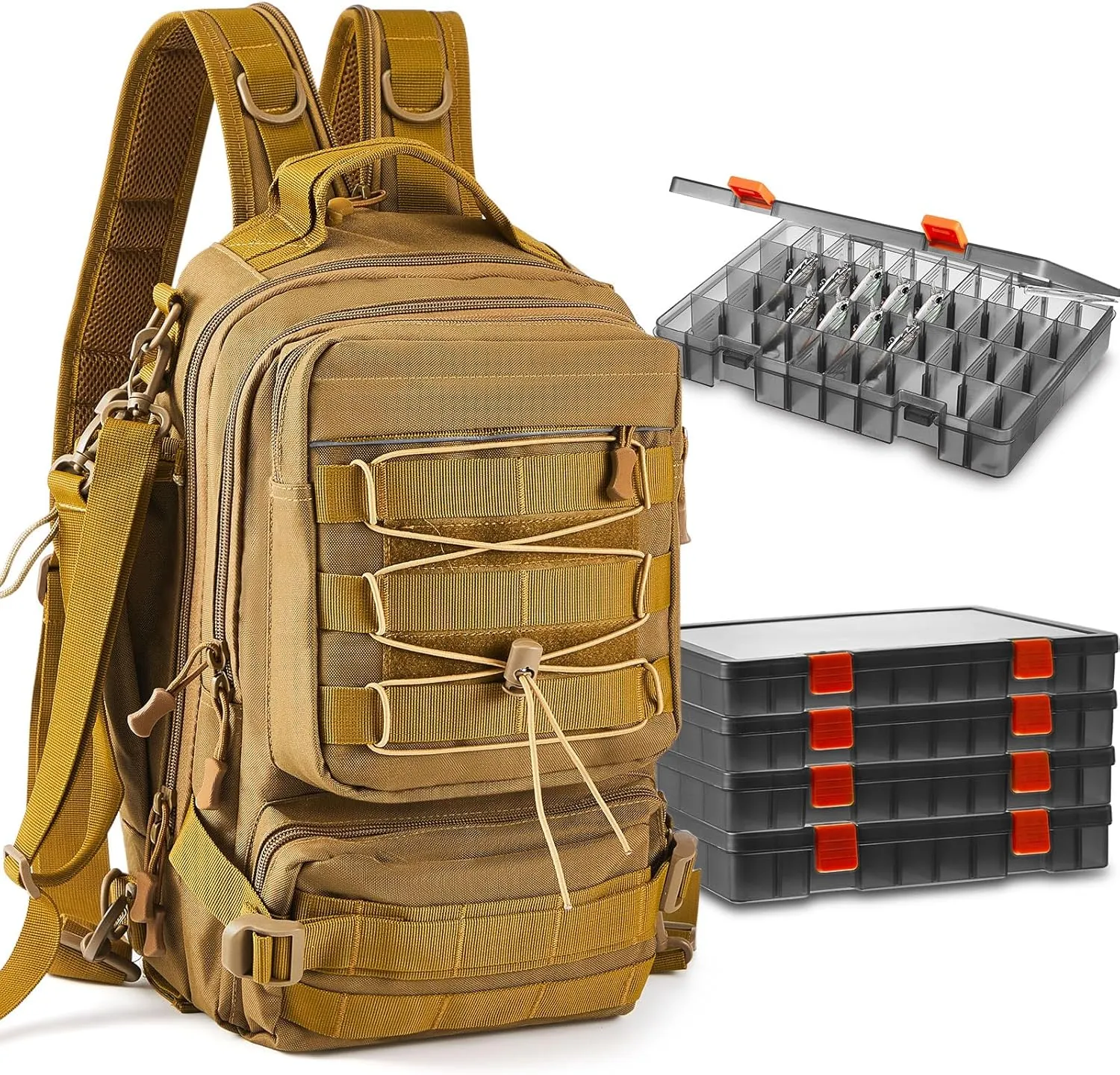 Fishing Tackle Backpack with Rod Holders and 4 Tackle Boxes Large Storage Fishing Bags Water Resistant Tackle Bag for Camping Hiking Travel Gear and Equipment (Khaki,Shoulder, Chest, Hand Bag)