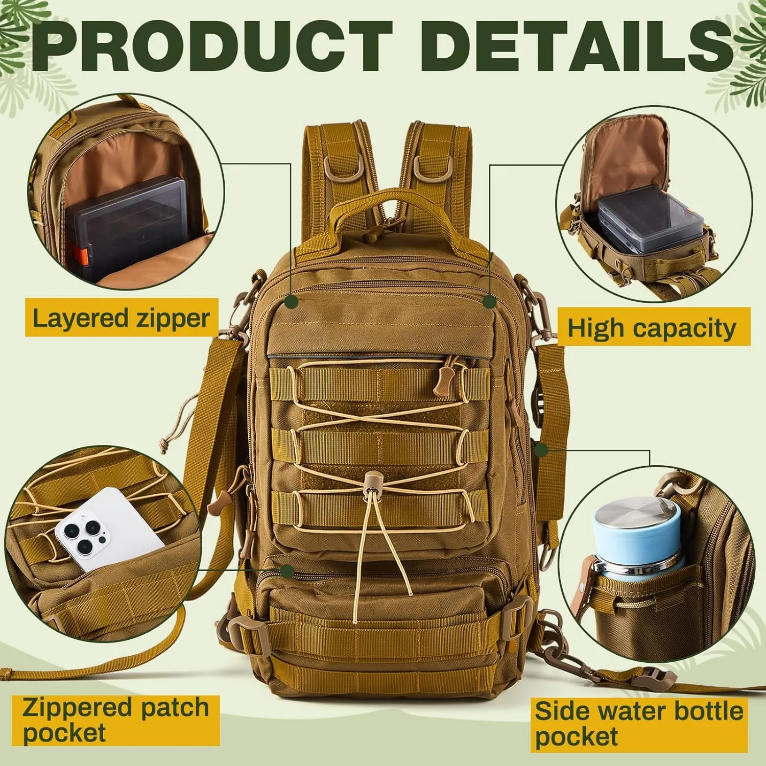 Fishing Tackle Backpack with Rod Holders and 4 Tackle Boxes Large Storage Fishing Bags Water Resistant Tackle Bag for Camping Hiking Travel Gear and Equipment (Khaki,Shoulder, Chest, Hand Bag)