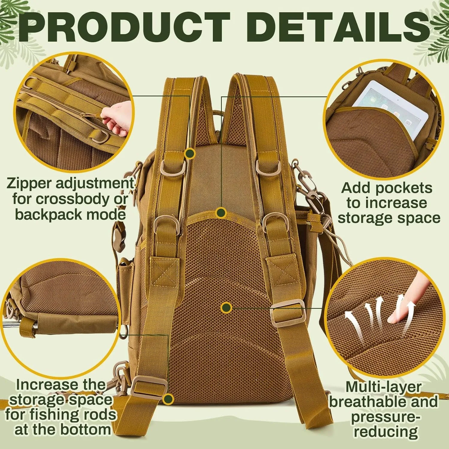 Fishing Tackle Backpack with Rod Holders and 4 Tackle Boxes Large Storage Fishing Bags Water Resistant Tackle Bag for Camping Hiking Travel Gear and Equipment (Khaki,Shoulder, Chest, Hand Bag)
