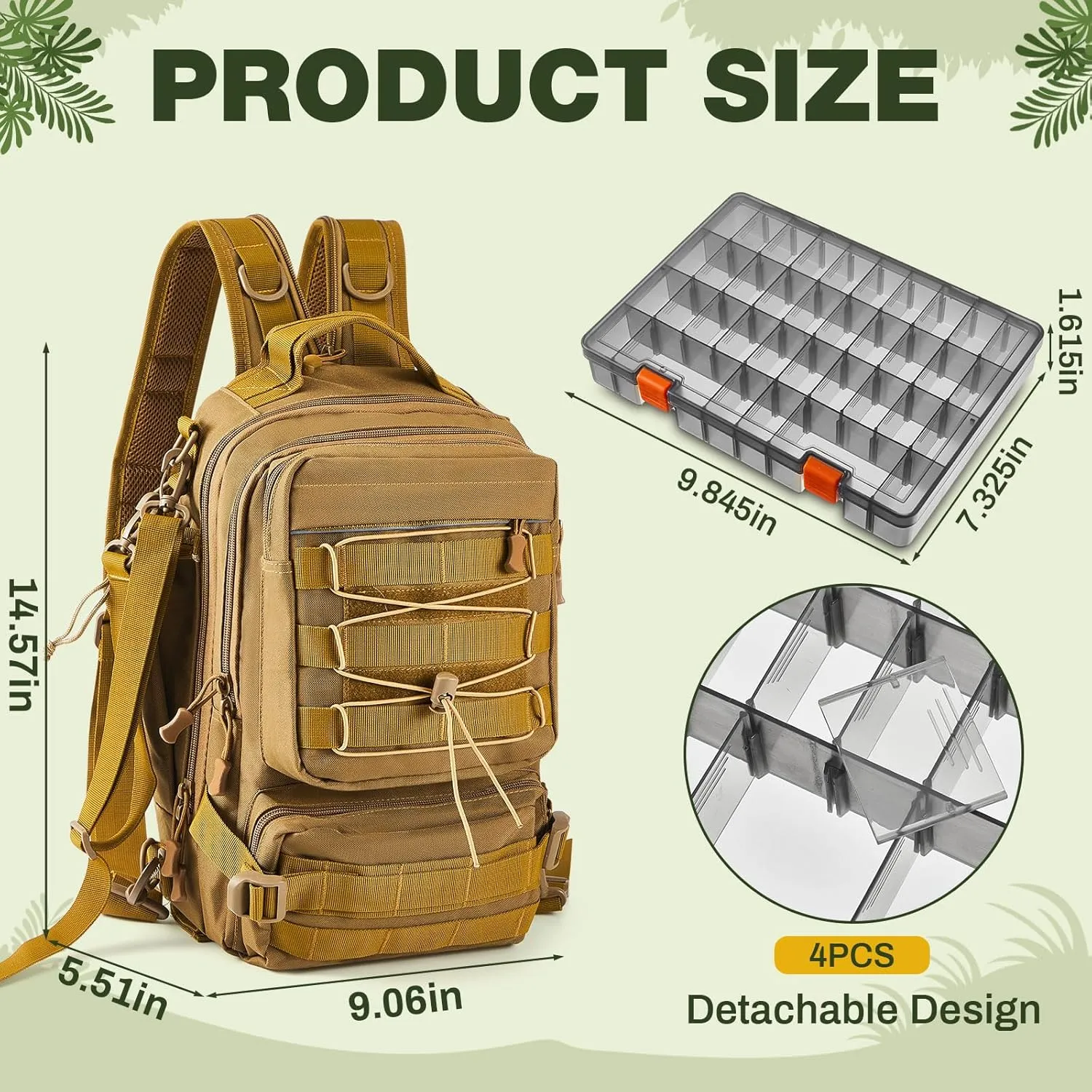Fishing Tackle Backpack with Rod Holders and 4 Tackle Boxes Large Storage Fishing Bags Water Resistant Tackle Bag for Camping Hiking Travel Gear and Equipment (Khaki,Shoulder, Chest, Hand Bag)
