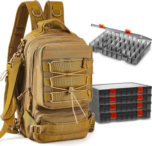 Fishing Tackle Backpack with Rod Holders and 4 Tackle Boxes Large Storage Fishing Bags Water Resistant Tackle Bag for Camping Hiking Travel Gear and Equipment (Khaki,Shoulder, Chest, Hand Bag)