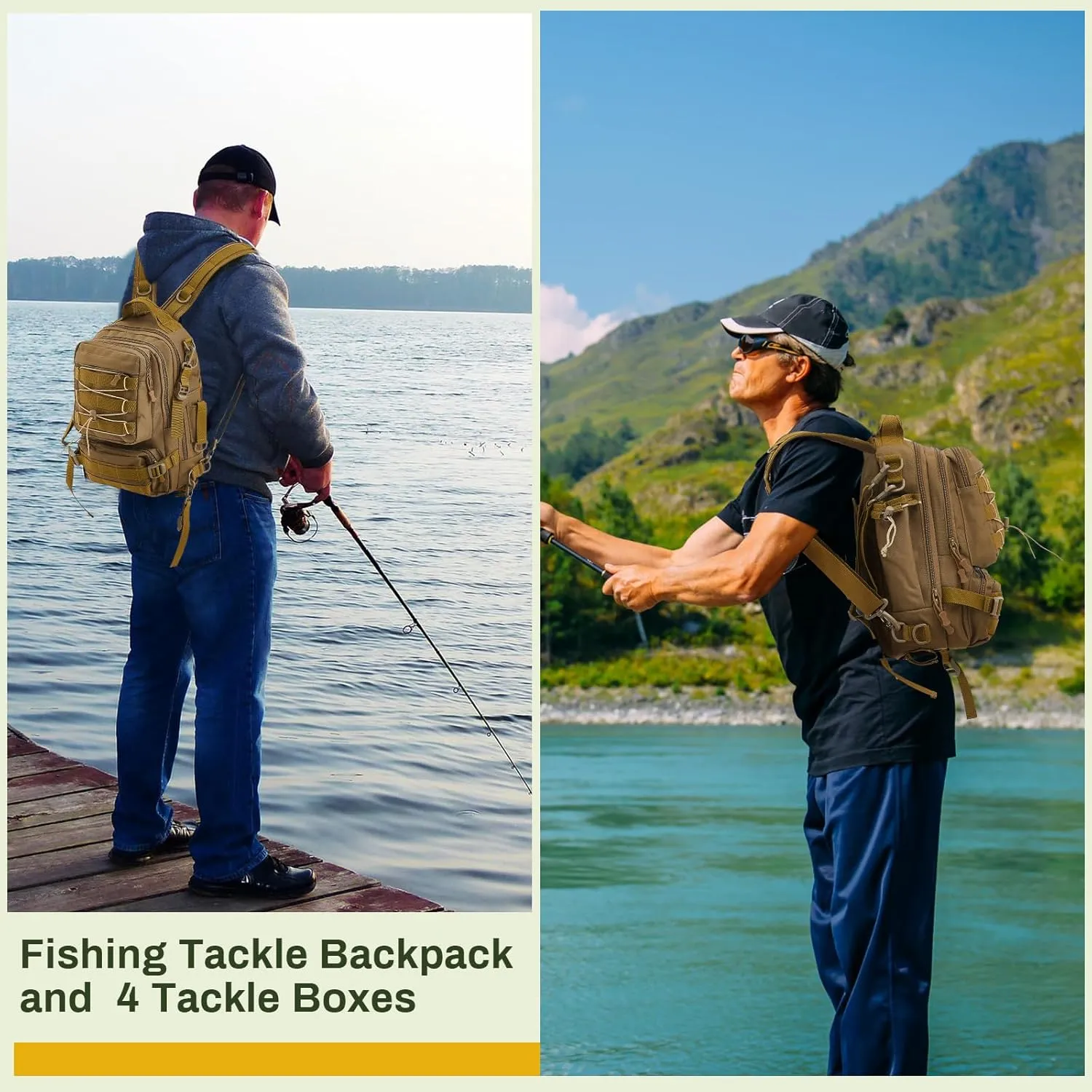 Fishing Tackle Backpack with Rod Holders and 4 Tackle Boxes Large Storage Fishing Bags Water Resistant Tackle Bag for Camping Hiking Travel Gear and Equipment (Khaki,Shoulder, Chest, Hand Bag)