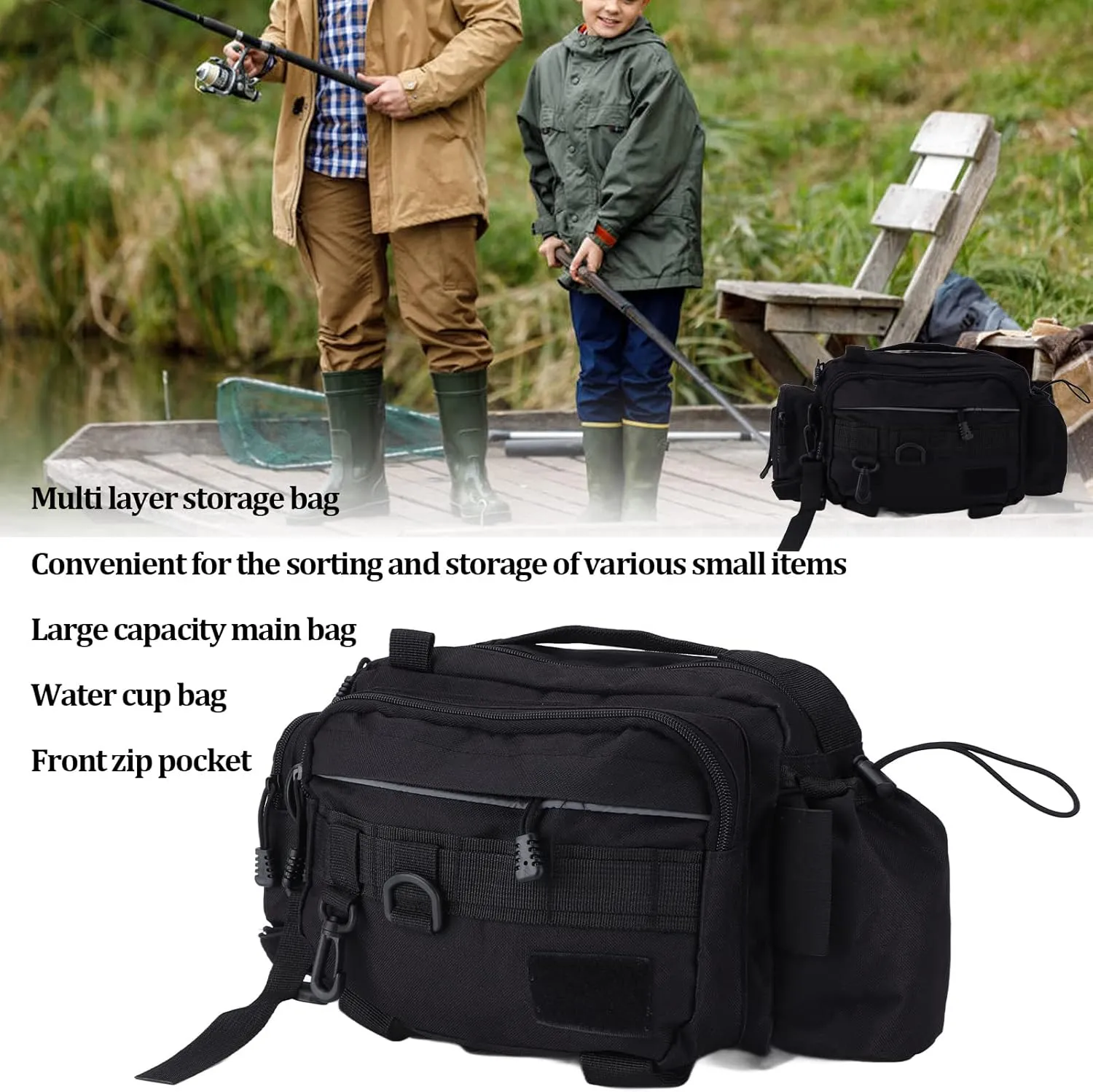 Fishing Tackle Bags and Storage Boxes Fishing Tackle Bag Nylon 600D Fishing Gear Sling Pack with Waist Belt for Outdoor Cycling Camouflage Outdoor Carryall Bag Hiking Travel Pack(Black)