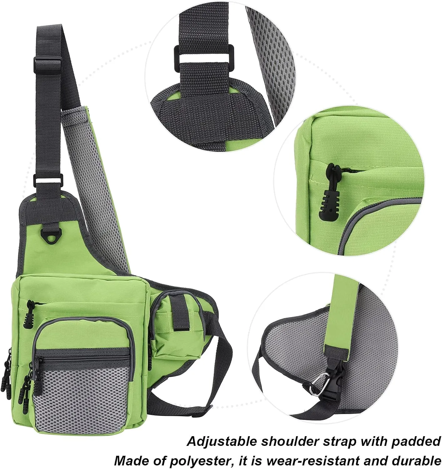 Fishing Tackle Crossbody Bag, Polyester Sling Carry Pack with Adjustable Shoulder Straps(Green)
