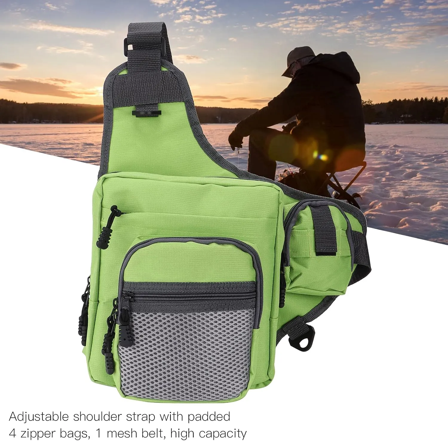 Fishing Tackle Crossbody Bag, Polyester Sling Carry Pack with Adjustable Shoulder Straps(Green)