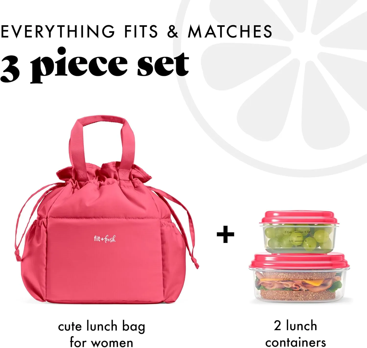 Fit & Fresh Lunch Bag For Women, Insulated Womens Lunch Bag For Work, Stain-Resistant Large Lunch Box For Women With Containers, Cinch Closure Cromwell Bag, Watermelon Pink