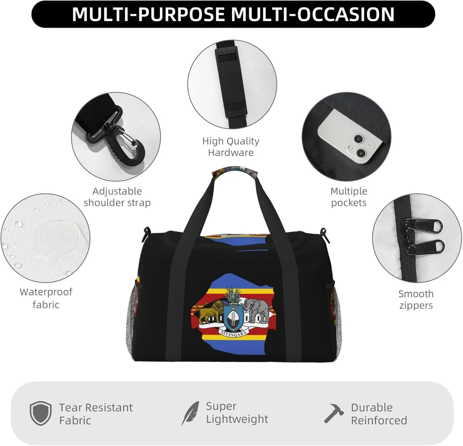 Flag Map Of Eswatini Travel Duffel Bag Large Foldable Waterproof Overnight Bag For Beach Swim Bags Pool Sports Gym