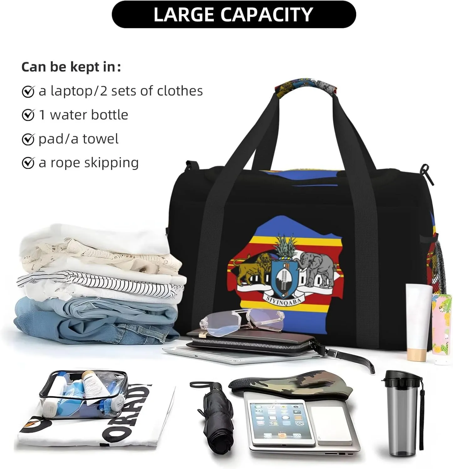Flag Map Of Eswatini Travel Duffel Bag Large Foldable Waterproof Overnight Bag For Beach Swim Bags Pool Sports Gym