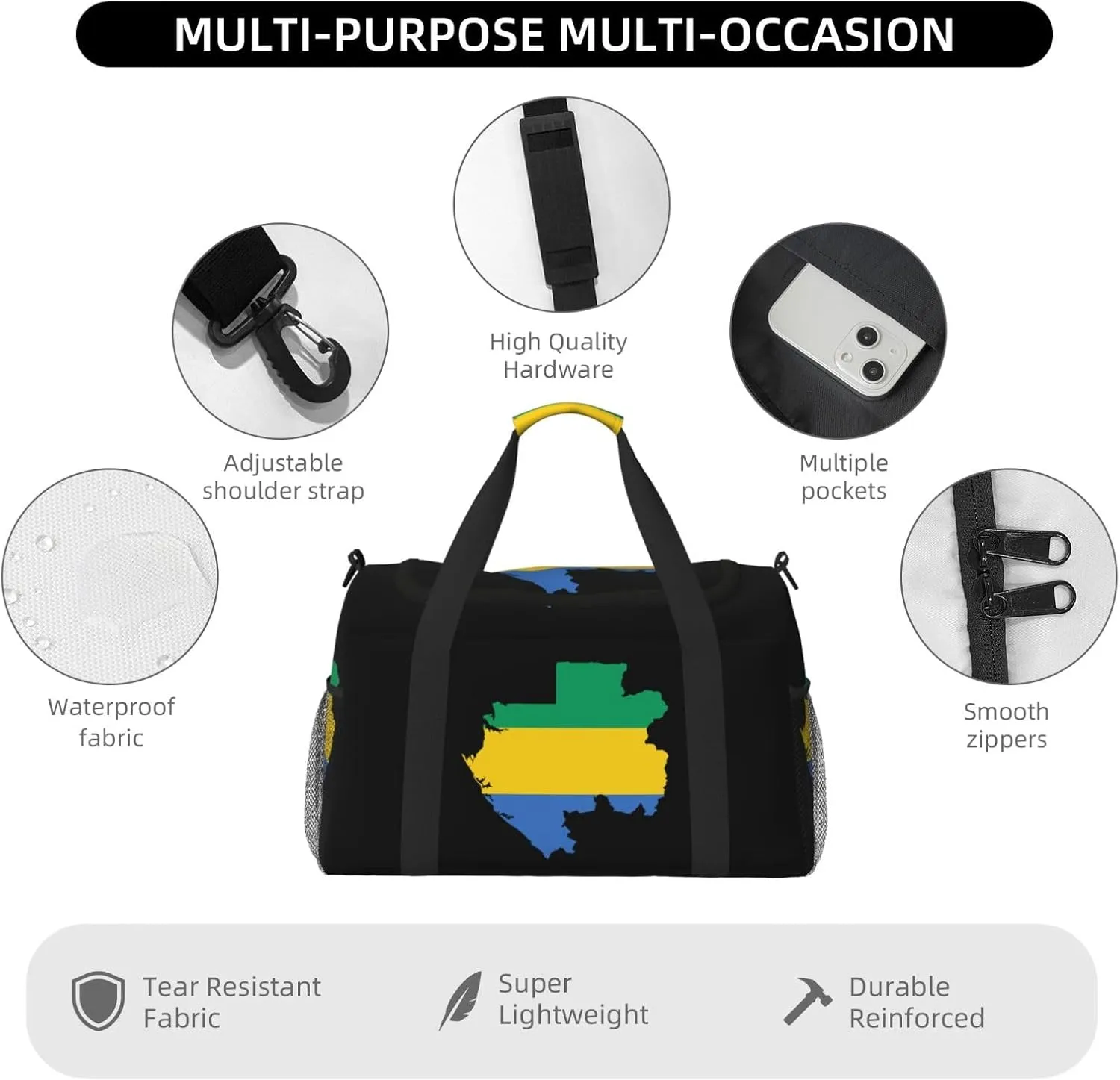 Flag Map Of Gabon Travel Duffel Bag Large Foldable Waterproof Overnight Bag For Beach Swim Bags Pool Sports Gym